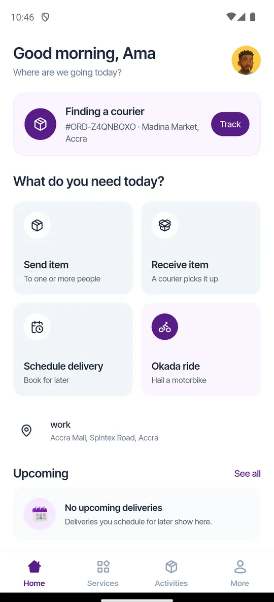 The Razzo app home screen showing send, receive, schedule and Okada ride