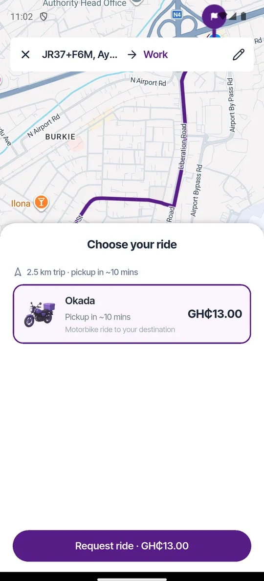 Booking an Okada ride in the Razzo app, showing the trip distance, pickup time and the fare before requesting