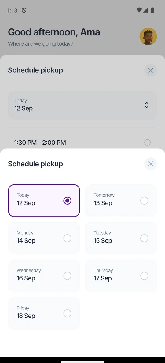 Choosing a day for a scheduled pickup in the Razzo app, showing today, tomorrow and every day for the next two weeks