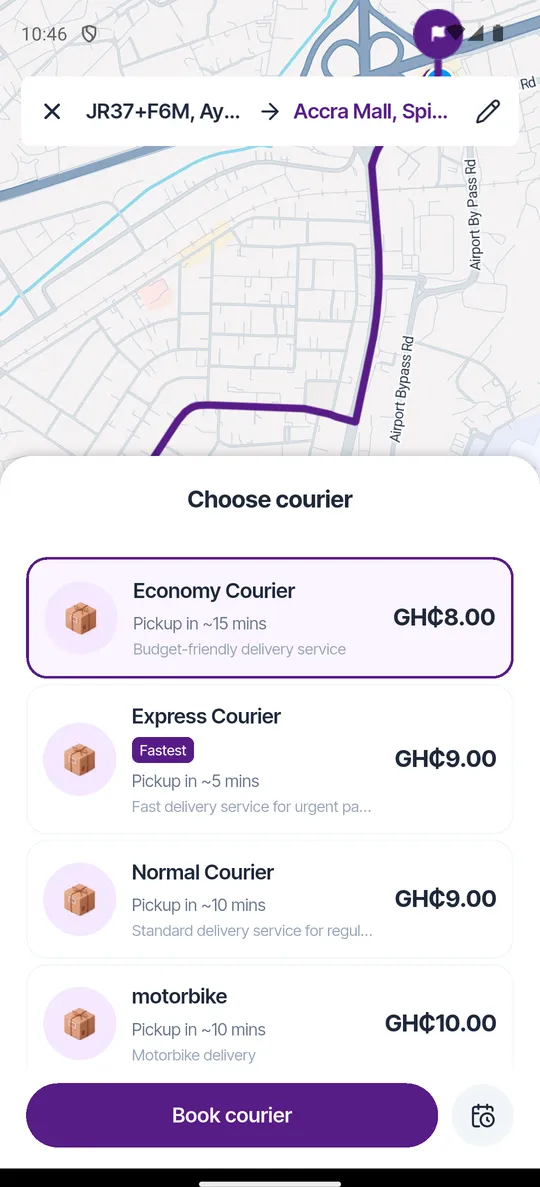 Choosing a courier in the Razzo app with the price and pickup time for each tier