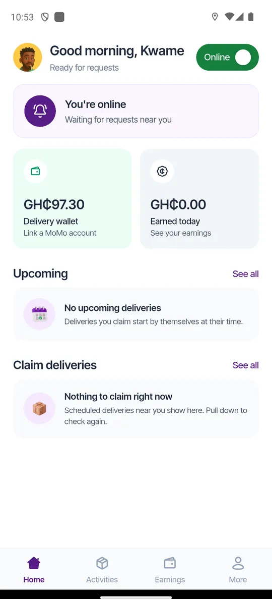The Razzo Rider app home screen, online and waiting for requests