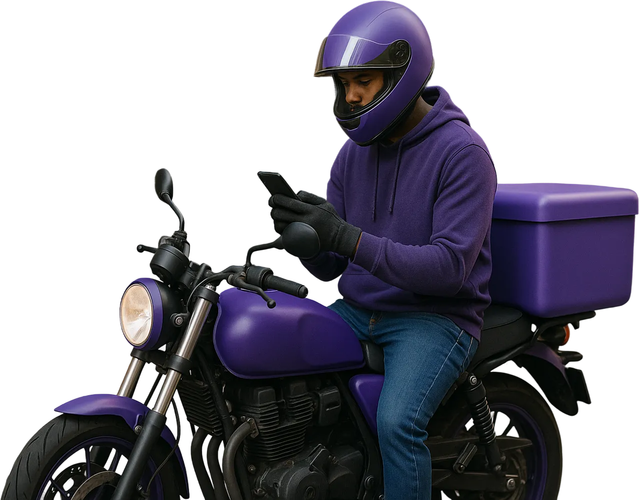 A Razzo rider in branded gear checking the app on a motorbike with a delivery box
